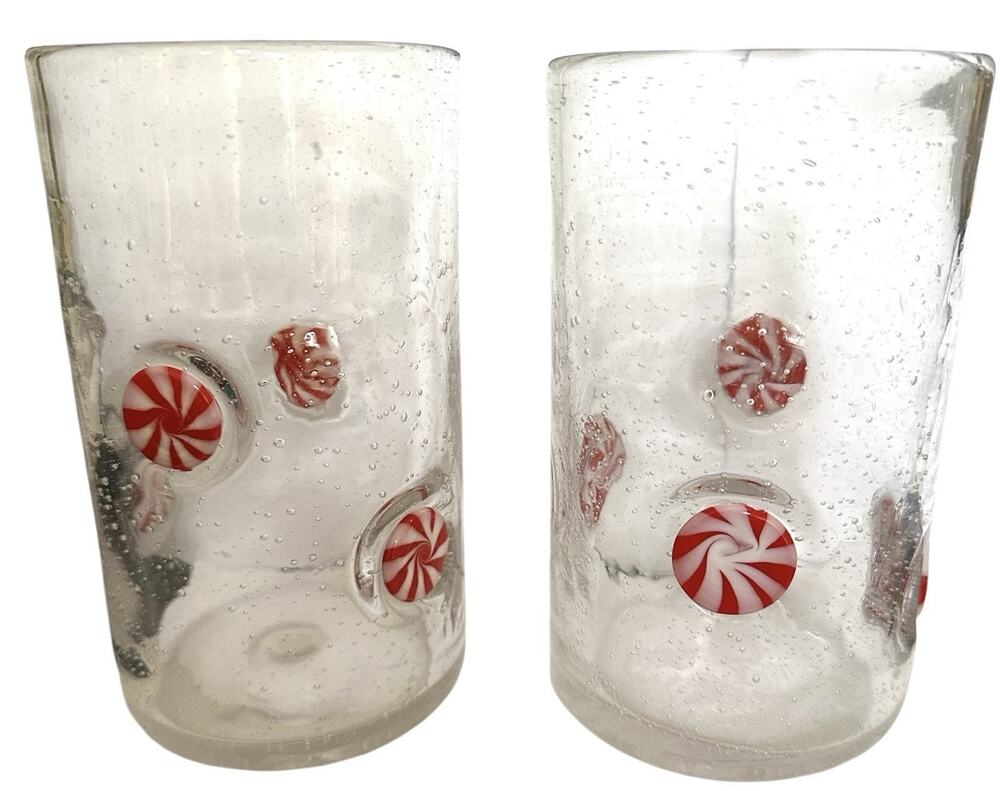 Icon Holiday Red White Peppermint Candy 5.5”Tumbler High Ball Hand Blown Glass